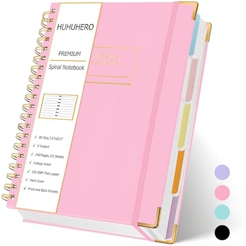 Huhuhero 5 Subject Notebook with Dividers, 240 Pages Pink Spiral Journal Notebook College Ruled, B5 Hardcover Notebooks for Work Note Taking, Aesthetic Writing Journal for Women, College Essentials Cover