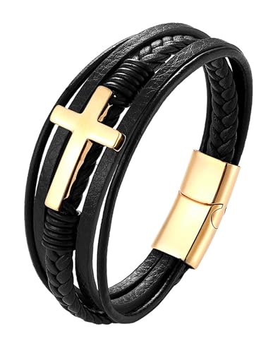 Pulsera de cuero trenzada para hombre con cruz y cierre metálico miniatura 1