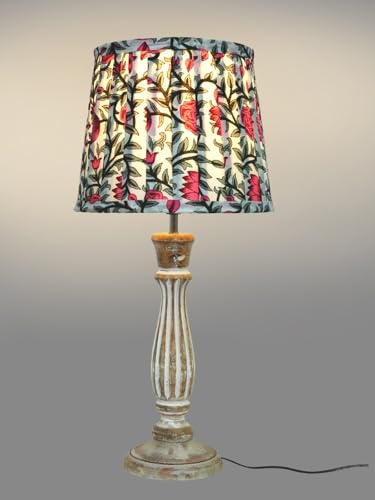 Image of Green Girgit Athens Wooden Lamp in Distress White Color with Pleeted Multiolor Pink Rose Shade, Vintage Style Table Lamp with Floral Print Shade, Decorative Bedroom Lighting (LED Bulb Included)
