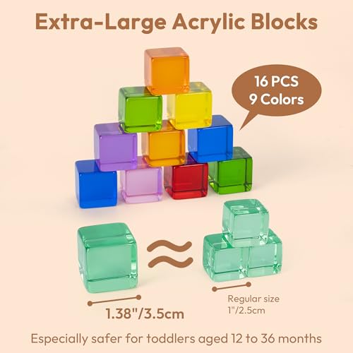 Image of Woodtoe Large Rainbow Gem Blocks, 16 PCS Stacking Blocks for Toddlers 1-3 | Includes 3 Wooden Shapes, Montessori Sensory Toy, Creative Acrylic Blocks, No Choking Hazard, Birthday Gift for 1 2 3 Years