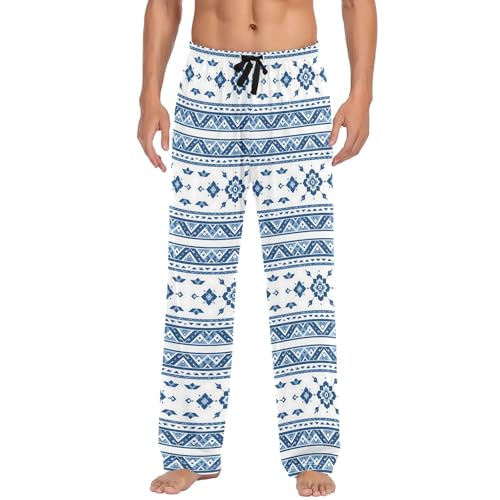 Mens Cotton Pajama Pants Sleep Lounge Pj Bottoms Sleepwear with Pockets Drawstring S White and Blue Aztec2