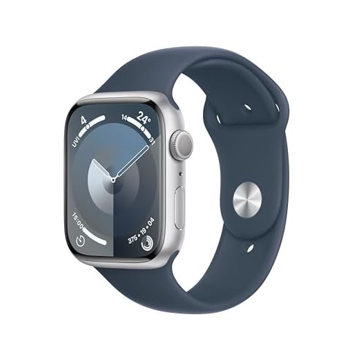Apple Watch Series 9 [GPS 45mm] Smartwatch with Silver Aluminium Case with Storm Blue Sport Band. Fitness Tracker, Blood Oxygen & ECG Apps, Water-Resistant - M/L