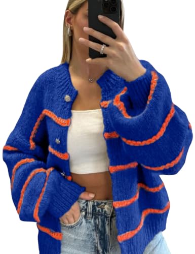 Image of QIBABU Womens Striped Cardigan Sweaters Casual Open Front Long Sleeve Button Down Knit Outwear