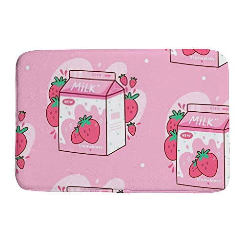 Kuizee Bath Mat Small Area Rug Carpet Doormat Floor Rug Bathroom Rug ?Carton of Strawberry Milk Kawaii Anime Cartoon Pink Coral Fleece Non-Slip Water Absorption Home Decor 23.6×15.7 Inch