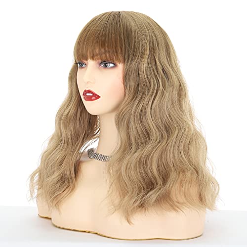 FAELBATY Blonde Wave Bob Wigs With Bangs Synthetic Cosplay Wig for Girl Shoulder Length Wig for women Costume Wigs(14" ombre Brown to Blonde)