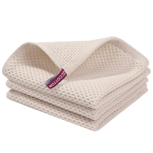 Image of 100% Cotton Kitchen Dish Cloths, 6 Pack Waffle Weave Ultra Soft Absorbent Dish Towels for Drying Dishes Quick Drying Kitchen Towels Dish Rags, 13.4 X 13.4 Inches (Beige, Pack of 3)