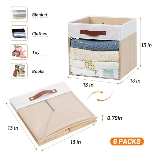HNZIGE Fabric Cube Storage Bins 13 x 13,Clear Windows Storage Cubes, Canvas Cloth Bin, Closet Organizers and Storage for Clothes,Shelves (White&Khaki 6PCS)