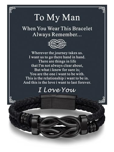 Bandmax Ideal Gift for My Man Black Infinity Knot Leather Cuff Bracelet Love Link Pendant Wirstlet Wristband 9 Inch Gift for Husband BF on Valentines'day Christmas Anniversary