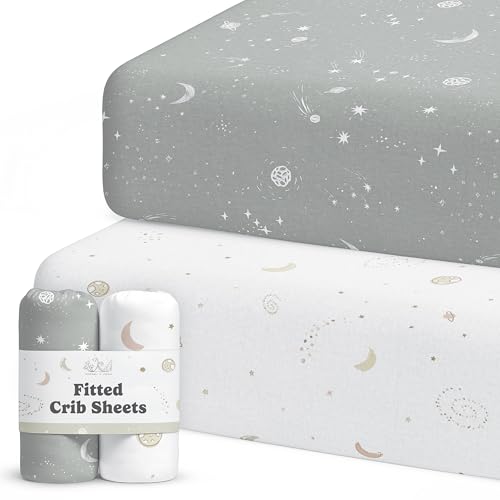 Image of Crib Sheets Neutral - Fitted Baby Crib Sheets Bed for Girl Boy - 2 Pack Standard & Toddler Mattress (Galaxy, Moon, and Stars) - Buttery Soft Organic Cotton Blend