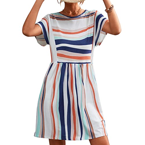 Vestido de Verano, Vestido Casual de Verano con Estampado de Rayas, Cuello Redondo, Cómodo, Sencillo para el Uso Diario. (#14)