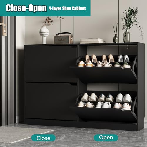 Image of Xixini Shoe Storage Cabinet for Entryway with 4 Flip Drawers, Sturdy Wood Hidden Shoe Storage, Freestanding Narrow Slim Shoe Organizer for Front Door Entrance, Living Room, Hallway, Bedroom, Black