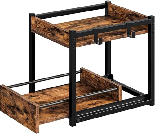 HOOBRO Gewürzregal, Küchenregal mit 2 Ebenen, Gewürzständer mit ausziehbaren Tabletts und Haken, Küchen-Organizer, für Küche, Wohnzimmer, Schlafzimmer, rustikales Braun und Schwarz EBF08TL01