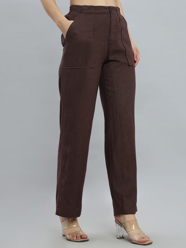 Image of GO COLORS Solid Linen Cargo Pants for Women | Full Length, Mid Rise, Side Pockets