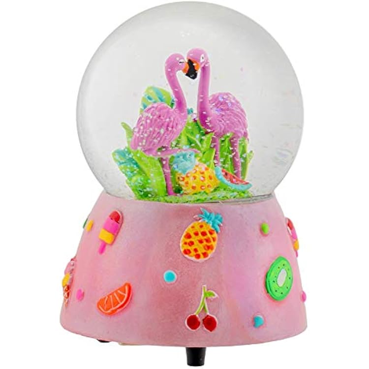 Elanze Designs Wind Up Musical 80MM Sturdy Polyresin Glitter Water Snow Globe Magical Whimsical Tabletop Dresser Nightstand Figurine Decoration (Pink Summer Flamingo)