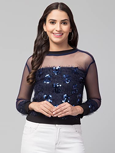 Image of NEOAMBER Women Stylish Sleeveless Sequin Net Western Cami Party Crop Top