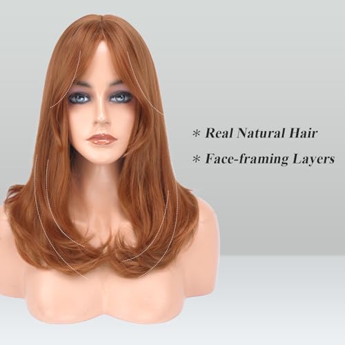 Image of FESHFEN Wigs with Bangs for Women, Synthetic Natural Looking Long Layered Straight Hair Wig for Women Daily Party Costume, 18 inch Copper Red