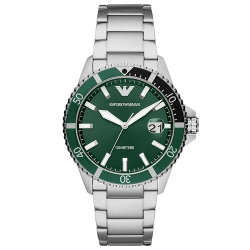 Emporio Armani Reloj Hombre, Movimiento de tres manecillas con fecha, caja de 42mm de acero inoxidable plateado con correa de acero inoxidable, AR11338, Tono plata y verde oscur