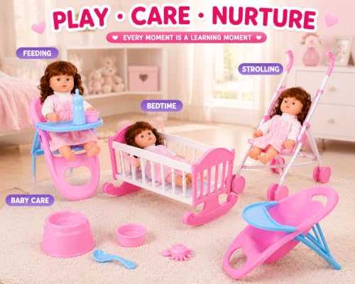 Image of Baby Doll Care Set for Girls with Doll Stroller, Rocking Cradle, Feeding Chair, Baby Bottle, Potty & Accessories | Pretend Play Toy Set for Kids Age 3+