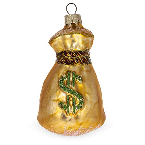 Gold Money Bag with Green Dollar Sign Glass Christmas Ornament