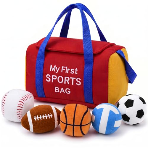 GERBIT My First Sports Bag Plush Baby Sports Toys Plushie with 5 Pcs Ball Plushy for Toddlers First Birthday Gifts for Boys Girls