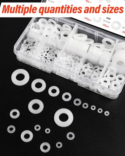 500 Stück Flache Unterlegscheiben, Jeboler Weiß Unterlegscheiben Kunststoff Nylon Distanzscheiben Abstandsscheiben, Kunststoffscheiben 8 Größen Unterlegscheiben Set- M2/M2.5/M3/M4/M5/M6/M8/M10