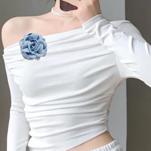 Image of Elegant Satin Fabric Rose Flower Brooch Pin Silk Large Big Camellia Brooch Lapel Pins Plant Floral Hair Clip Pins Wedding Party Jewelry for Women