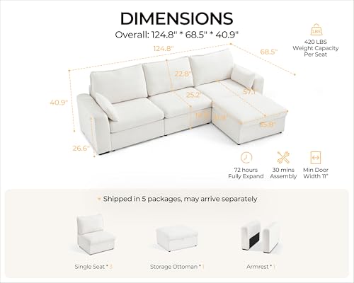 Image of 124.8'' Oversized Modular Sofa Comfy Cloud Couch with Storage Wide L-Shaped Sectional Sofa Set with Chaise for Living Room, Covers Washable, 4-Seater with Ottoman, Chenille, White