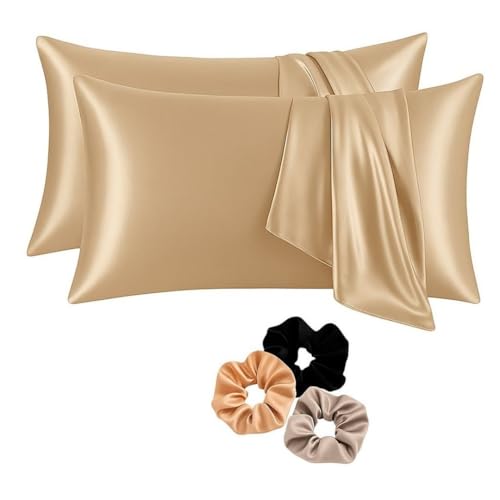 Image of Craftelio Satin Pillow Covers Set of 2 with 3 Free Random Color Hair Scrunchies - Anti-Frizz, Skin-Friendly, Soft & Durable Pillowcase Set for All Hair Types (Beige)