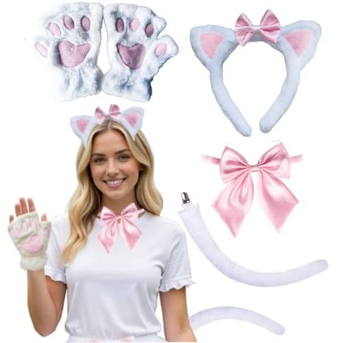 Kirei Sui 5-Piece White Cat Ears Headband, Bowtie, Tail & Paws Costume for Halloween Party Accessories