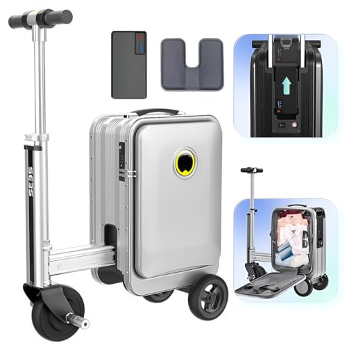 lwjunmm 20'' Smart Rideable Suitcase Electric Luggage Scooter For Travel, Aluminum Frame Zipperless Polycarbonate Hard Shell Suitcase, with USB Port, Speed 13km/h Silver