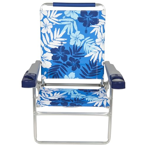 Image of Rio Beach 4-Position High Folding Beach Chair with Cup Holder, Arms, Bottle Opener, and Carry Strap, 15 inch H Outdoor Portable Camping Chair, Supports up to 250 lbs., Blue