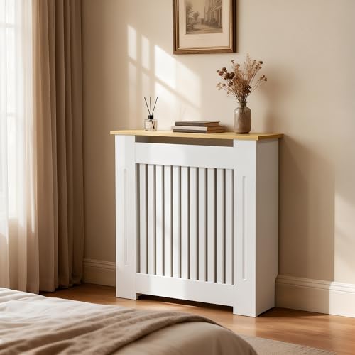 FATIVO Cubre Radiadores Blanco Moderno: 78x20x83 cm Cubre Radiador de MDF, Cubreradiador con Estante de Veta de Madera, Consola Auxiliar para Salón y Pasillo, Diseño Reforzado y Duradero