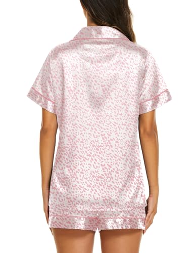 Image of Ekouaer Silk Pajamas for Women Short Sleeve Sleepwear Soft Button Down Loungewear 2 Piece Satin Pjs Shorts Set