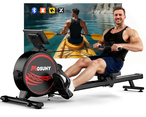 Rowing Machine, MOSUNY Magnetic Rowing Machines for Home Gym with 16 Levels Resistance, Maximum Load of 350 LB, Upgrade to Double Slide Rails, App Supported, Vertical Storage