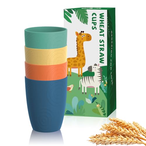 Homienly Wheat Straw Plastic Cups 4-Pack, 12 oz, Unbreakable