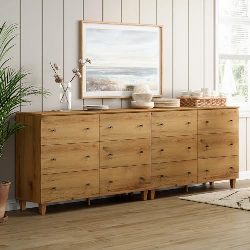 Image of WAMPAT Bedroom Dresser with 12 Drawers, Modern Chest of Drawers with Black Knobs, 94.4 Inch Wide Oak Brown Wood Finish Storage Organizer for Kids Room, Living Room, Nursery
