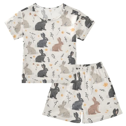 ALAZA Rabbit Bunny Cute Leaves Pajamas Set Short Sleeve Cotton Sleepwear Summer Pjs 2 Piece 5-14Y