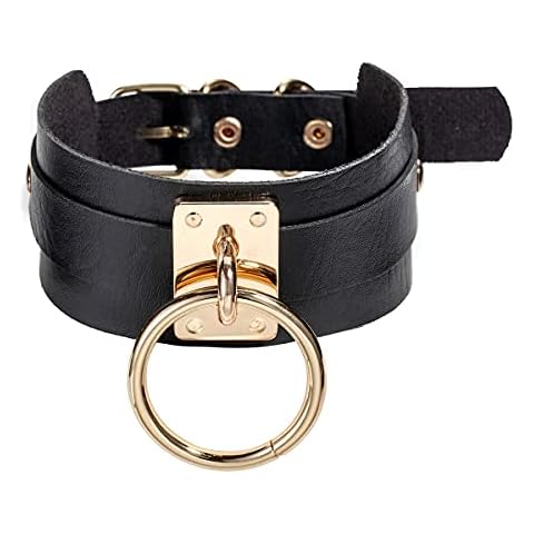 O Ring Black Choker Necklace Goth Punk PU Leather Rivet Stud Choker Collar Chain for Women Men Jewelry Accessories Adjustable for neck size 29-37cm Golden Cover