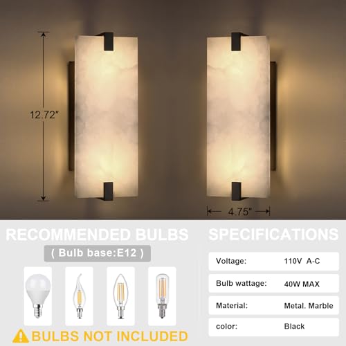 Image of 2 Pack 2 Light 12.7 inch Oval Natural Oval Alabaster Bathroom Wall Sconce Modern Concise Style Wall Light Fixture,Black Finish for Bedroom Hallway Bedside Living Room
