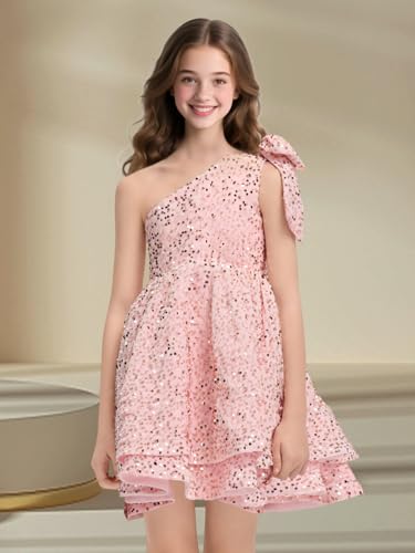 Sequined Girls' Special Occasion Dresses Short Flower Girl Dress One Shoulder Fancy Party Tutu Dresses for Teens4