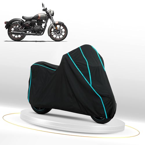 Image of Waterproof Bike Cover for RE Classic 350 | Dustproof, UV Heat Resistant & Windproof with Full Bottom Elastic, Heavy Duty Polyester Fabric, Triple Stitched - Black