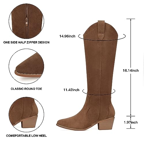 Image of SHIBEVER Cowgirl Boots Knee High: Womens Western Cowboy Boots Wide Calf Brown Low Heeled Put on Suede Tall Booties Size 10.5