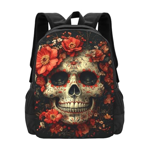 Image of Floral Skull Print Backpack For Men Women Lightweight Daypack For Daily Commutes Business Travel Hiking