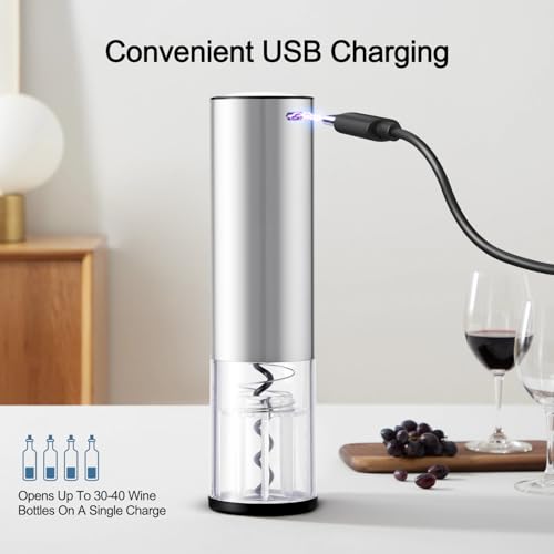 VinoLux Compact Rechargeable Wine Opener – Electric Corkscrew with Foil Cutter, LED Light, Stainless Steel Shell & Transparent Window - Image 5