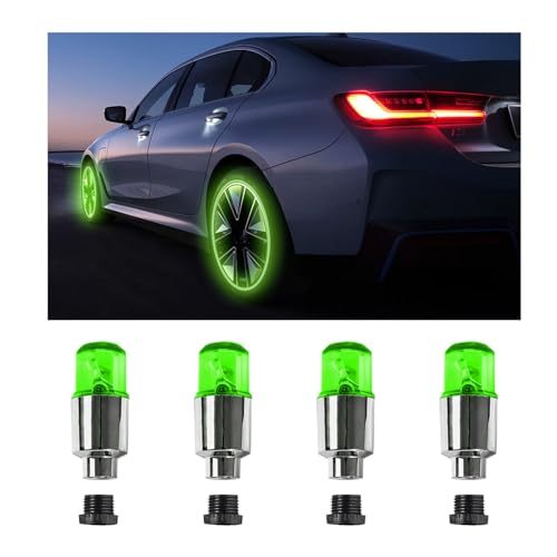 Ziciner 4PCS LED Tire Valve Cap Lights, Neon Spoke Flash Light Bulb Tire Valve Lights with 12 Extra Battery, Waterproof Wheel Tyre Valve Stems Dust Cap, Motorcycle Car Accessories (Green)