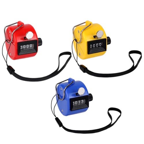Goktvai 3pcs Handheld Clicker Counters, 4 Digit Hand Tally Pitch Counter Clicker with Hanging Lanyard for Baseball Golf Sports Events Coaching Counting(Red, Yellow, Blue)