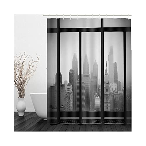 KnBoB Rideau Baignoire Anti Humidité, Rideau de Bain Anti Moisissure Clôture Grand Bâtiment Gris Noir 120x180cm Cover
