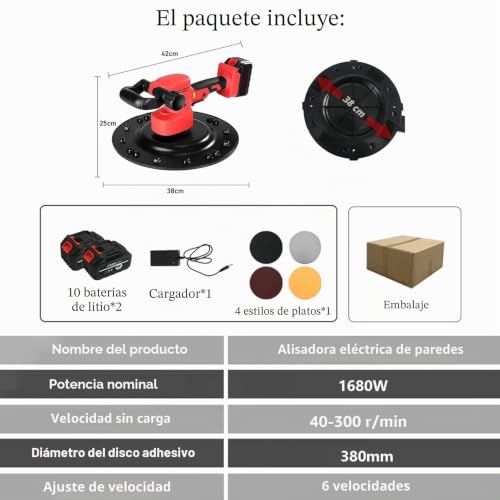 Miniatura 2 de Fratasadora Eléctrica Para Mortero De Cemento De Hormigón, Enyesadora Eléctrica 1680w, Pulidora De Suelos De Hormigón, Máquina Alisadora Profesional, 6 Velocidades 2 Battery 4 Pads