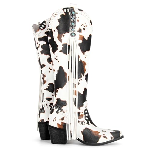 MissHeel Knee High Fringe Cowboy Boots with Turquoise Stones Side Zipper3