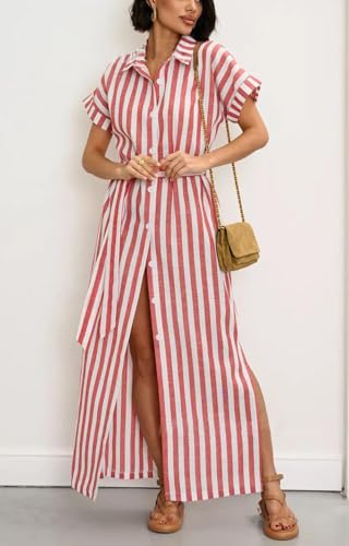 utcoco Women's 2025 Striped Short Sleeve Cotton Maxi Shirt Dress Belted Side Slit Button Down Dress with Pockets3